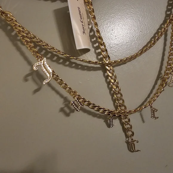 👑Juicy Couture Gold Tone Chain Link Belt Frontal Juicy Charm Drop Size M/L NWT - Picture 10 of 12